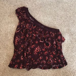 One-Shoulder ruffle floral print shirt
